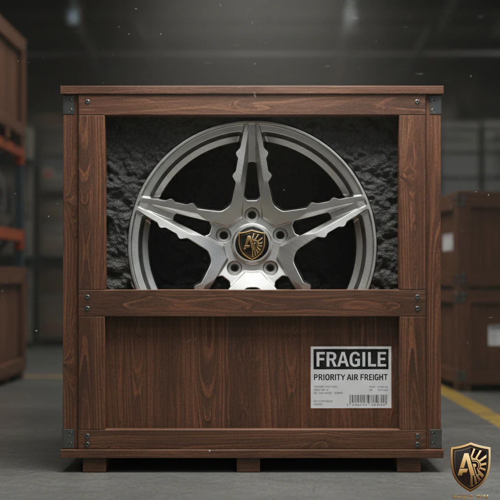 AEGIS RIM Bedrock forged wheel luxury crated packaging — Off-Road SAGA series, customer delivery, precision forged monoblock