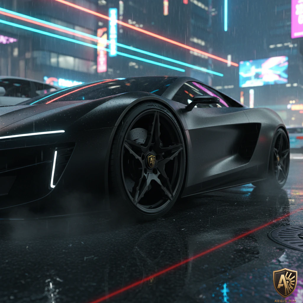 AEGIS RIM Iron Cage forged wheel on cyberpunk sports car — precision engineered 6061-T6 aluminum, Tarmac SAGA series