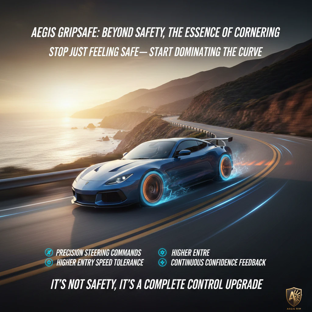 Coastal performance car equipped with AEGIS GripSafe forged wheels demonstrating controlled cornering