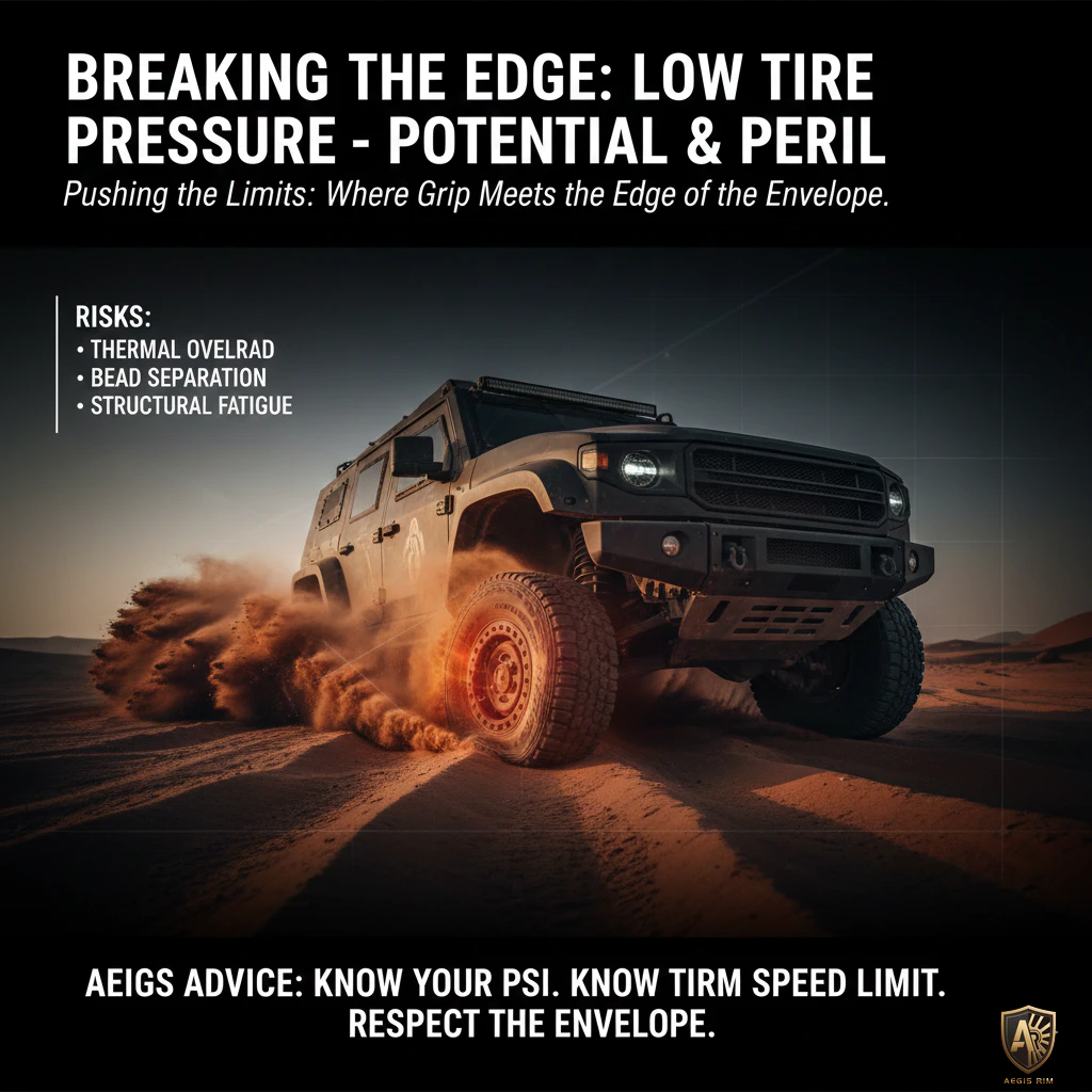 Off-road vehicle driving on desert sand, highlighting low tire pressure risks like thermal overload and bead separation.