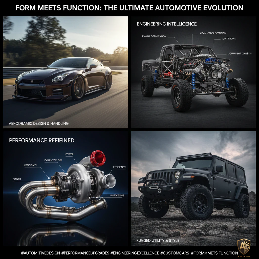 Four high-performance vehicles showcasing aerodynamic design, engineering intelligence, turbo performance, and rugged utility