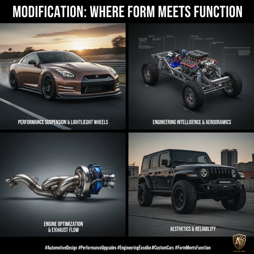 Modified performance cars showcasing AegisRim custom forged wheels including GTR and Jeep fitment with optimized suspension and aerodynamics
