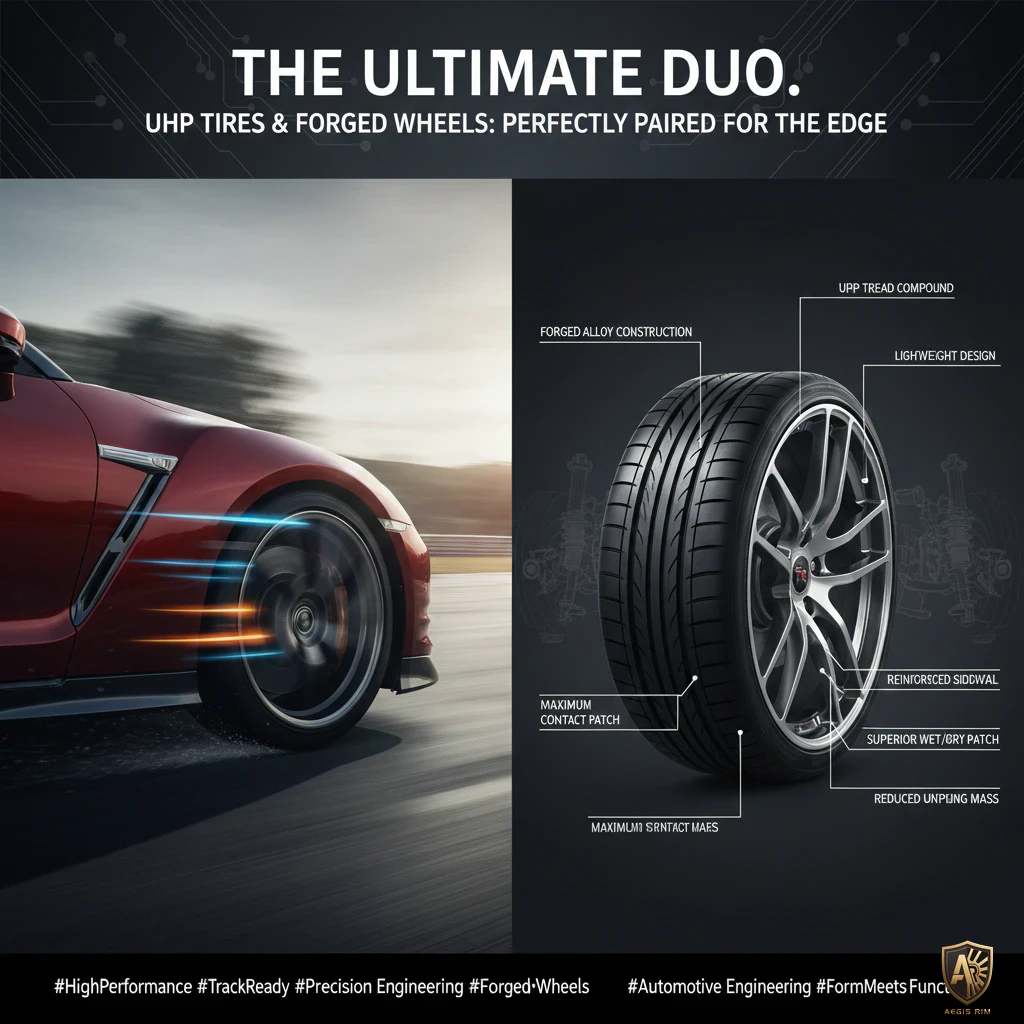 Engineering diagram showing AegisRim lightweight forged alloy wheel construction and unsprung mass reduction