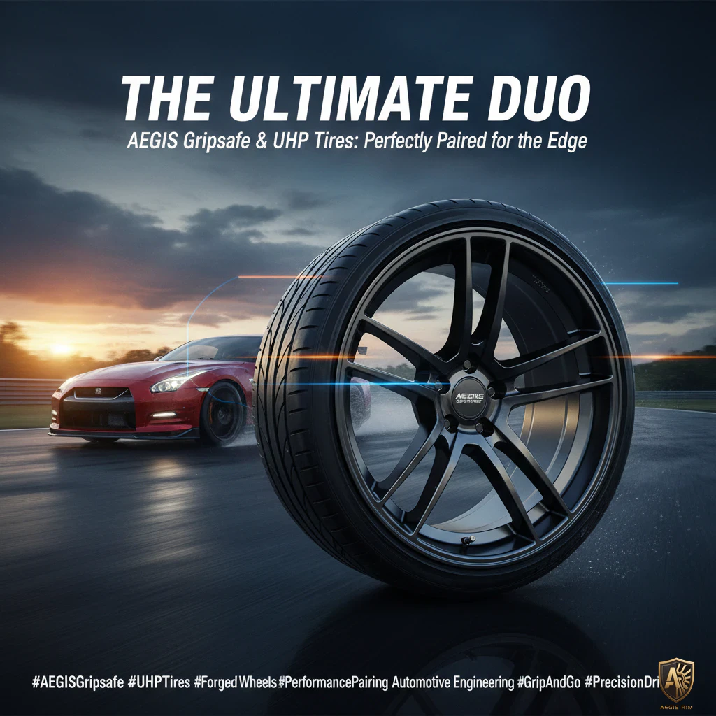 Close-up of AEGIS tire with performance car in motion at sunset, emphasizing grip and precision on the track.