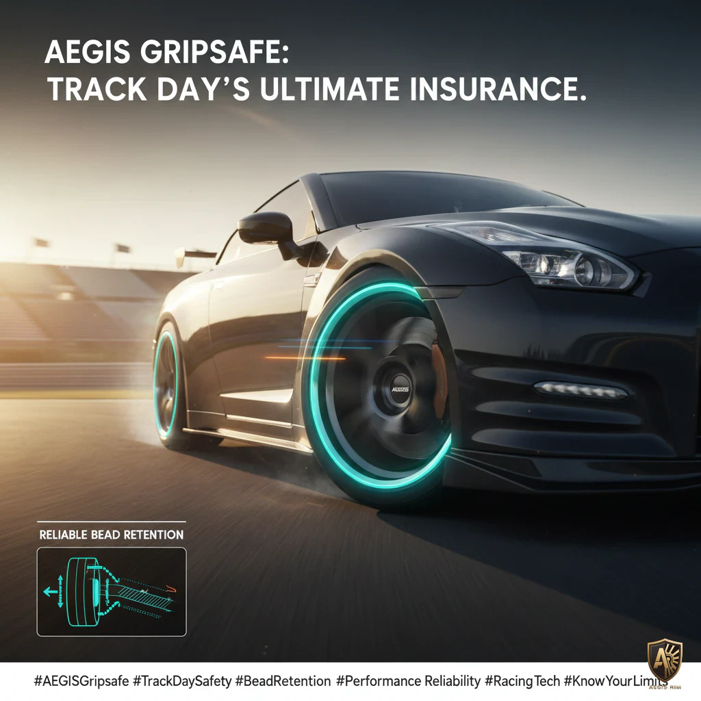 Technical diagram of AegisRim GripSafe bead retention system showing mechanical tire lock design