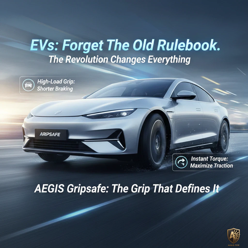 Sports car driving on a wet road, featuring AEGIS Gripsafe, highlighting high-load grip and instant torque maximization