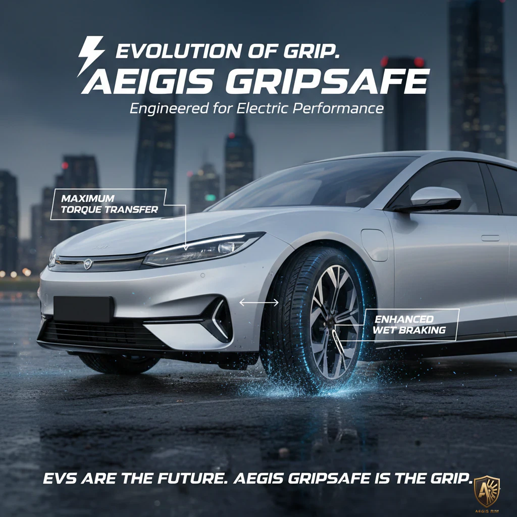 Silver electric car with Aegis Gripsafe tires, showcasing enhanced wet braking and maximum torque transfer.