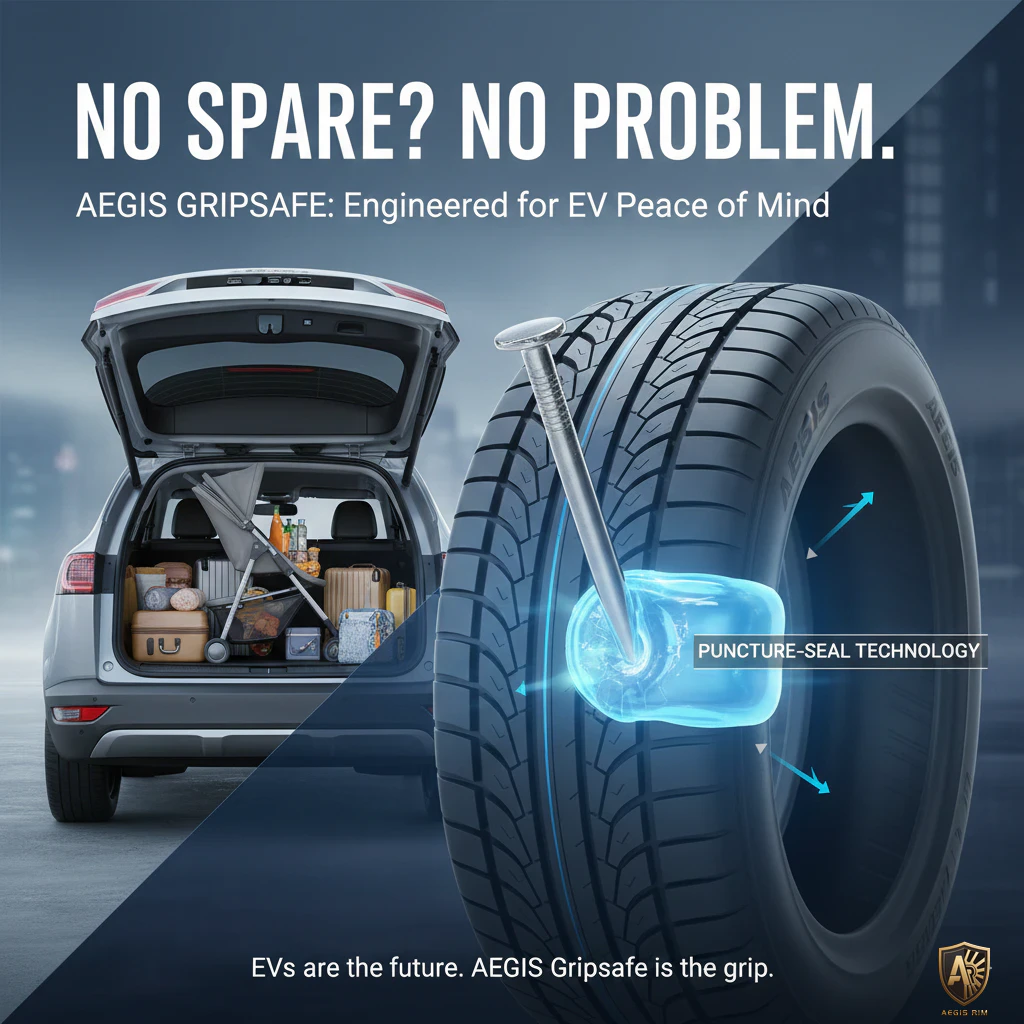 AEGIS GRIPSAFE tire with puncture-seal technology near EV, showcasing no spare tire needed, trunk full of items