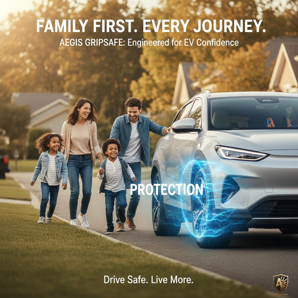 Family walking outside with an EV, showcasing AEGIS GRIPSAFE for safety and protection