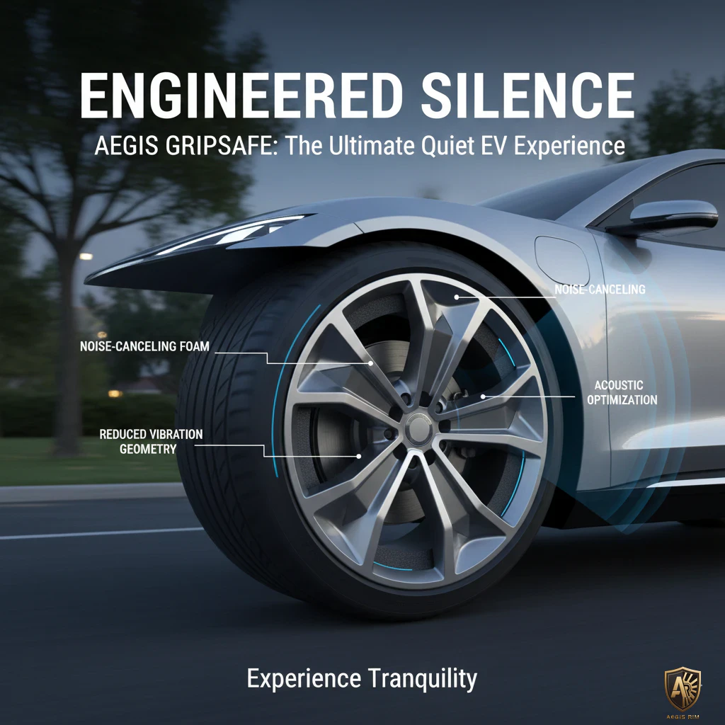 Close-up of AEGIS GRIPSAFE tire featuring noise-canceling and acoustic optimization for a quiet EV experience