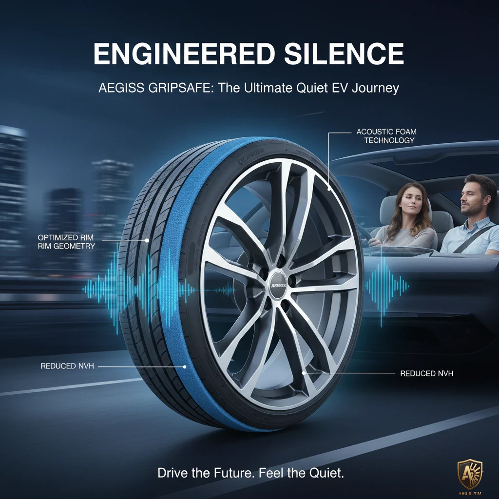 Aegiss Gripsafe tire with acoustic technology for a quieter electric vehicle ride, featuring optimized rim design.