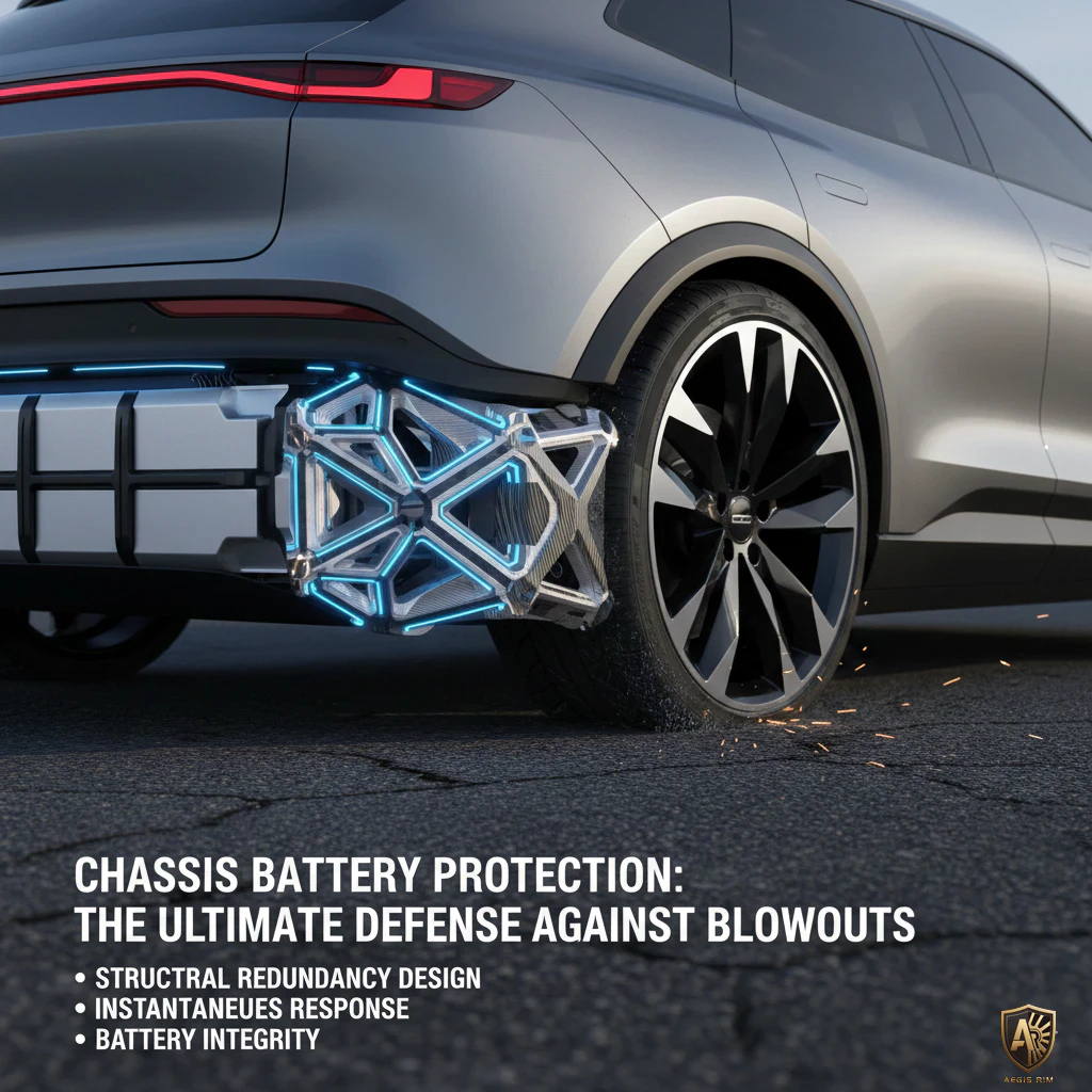 Rear view of a car highlighting innovative chassis battery protection for enhanced defense against blowouts