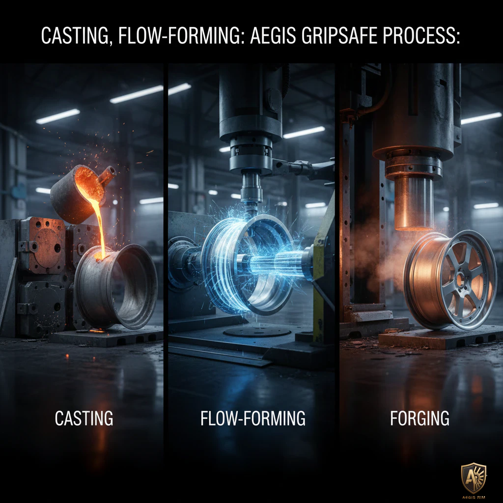 Casting, flow-forming, and forging process comparison of Aegis GripSafe alloy wheels