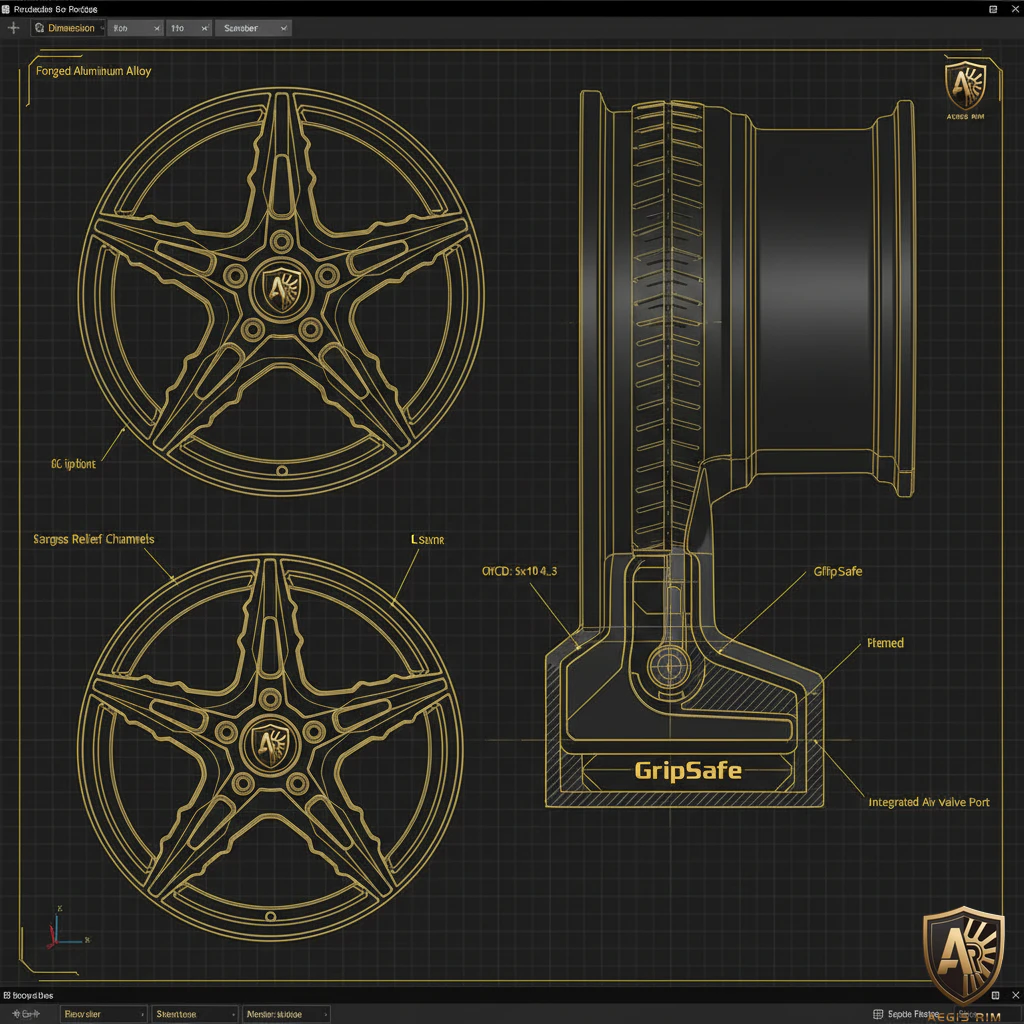 CAD blueprint of AEGIS RIM GripSafe wheel with JWL-certified structural specifications