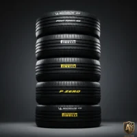 Stack of Pirelli and Michelin tires showcasing different models for performance and durability.