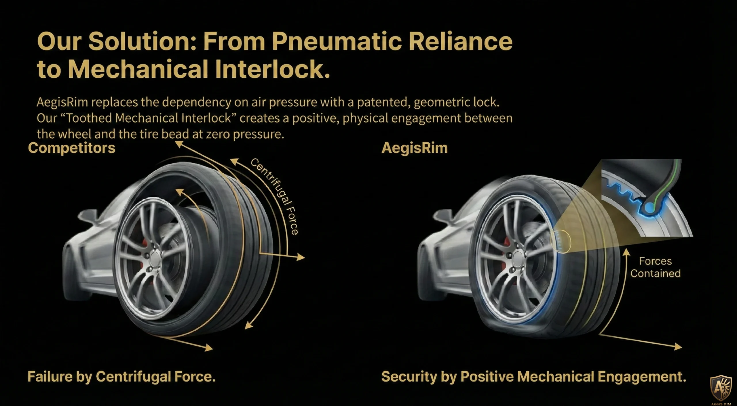 AEGIS RIM GripSafe Solution - From pneumatic tire pressure reliance to mechanical interlock bead system comparison diagram