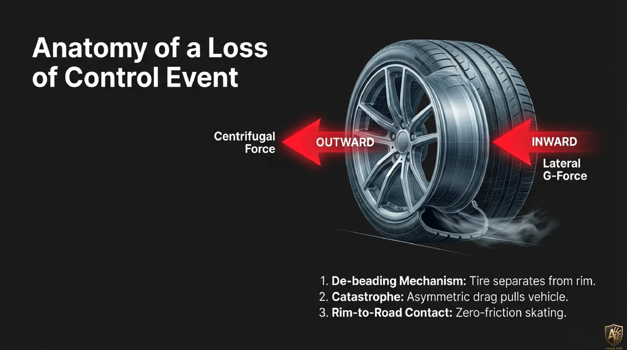 Anatomy of a Loss of Control Event - 4-stage tire blowout sequence diagram showing how centrifugal force causes bead separation leading to vehicle rollover