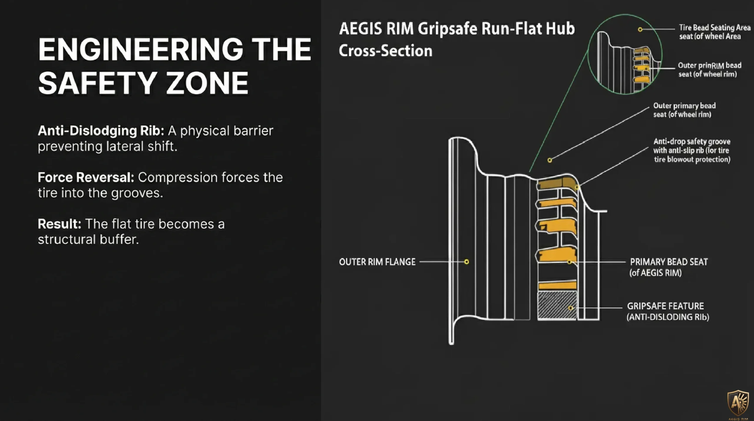 Engineering the Safety Zone - Technical diagram of GripSafe anti-slip tooth structure and mechanical lock zone preventing tire bead separation