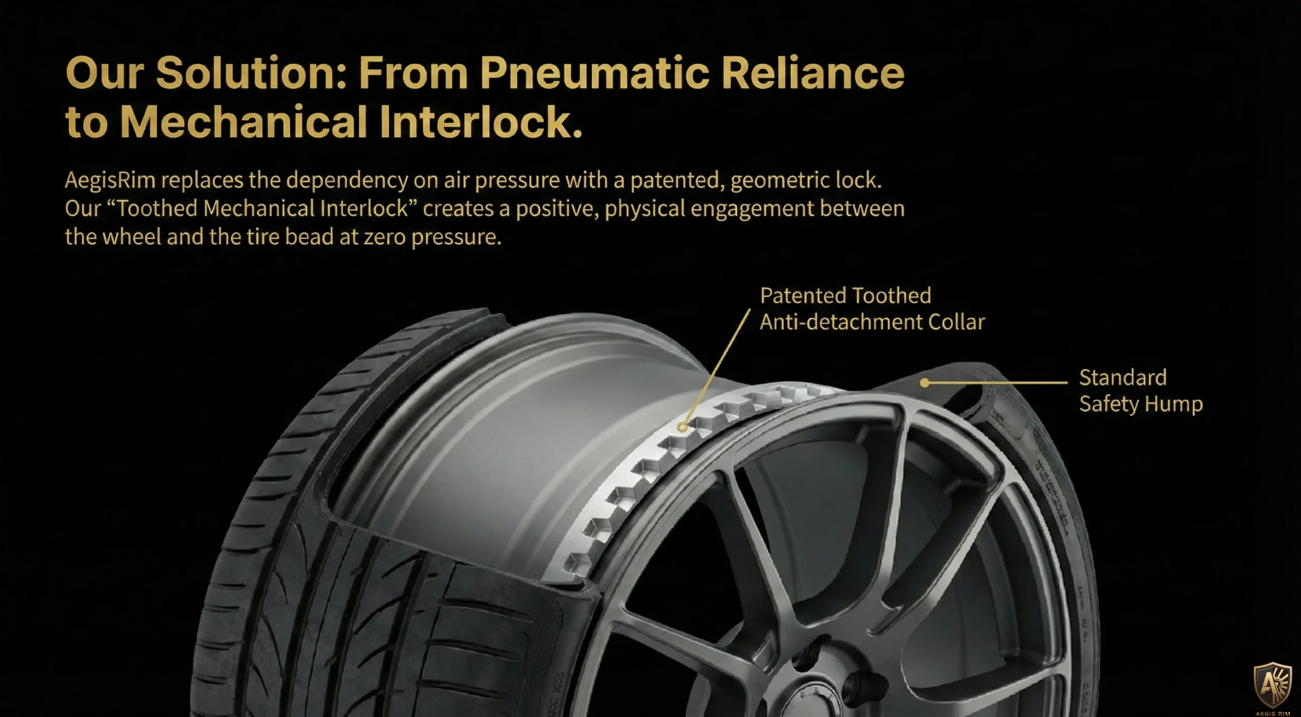 AEGIS RIM Run-Flat Solution - GripSafe wheel maintaining tire stability during complete pressure loss blowout event