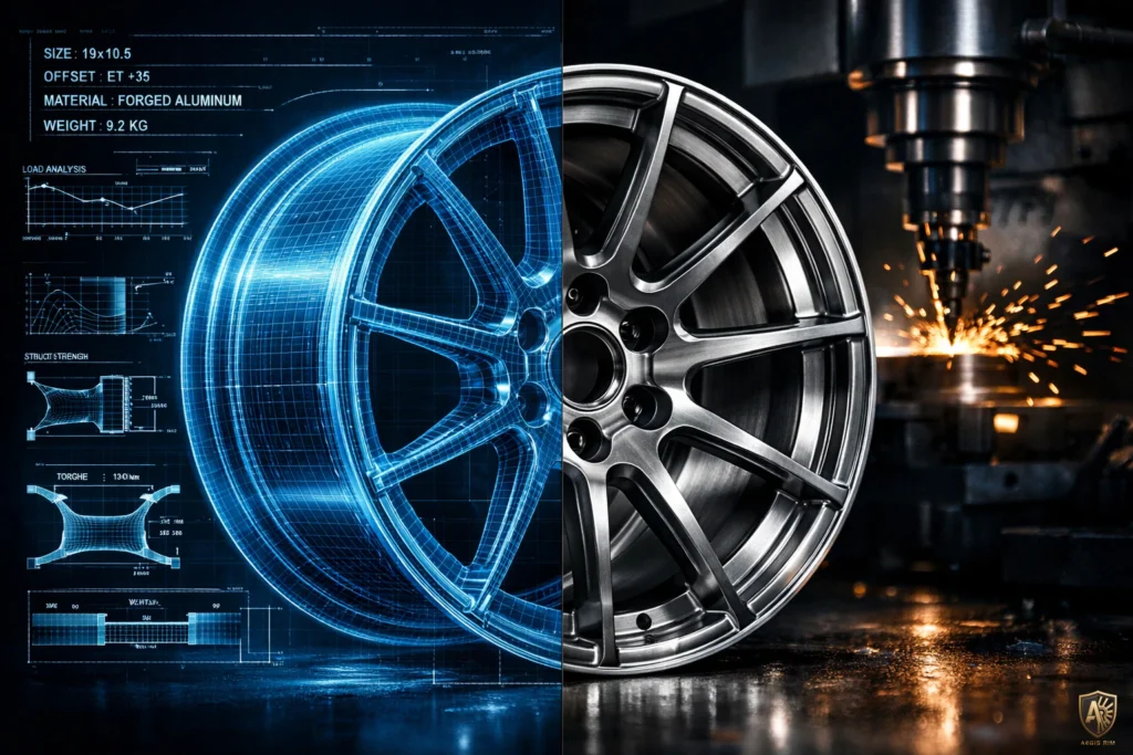 Advanced AEGIS wheel manufacturing showing precision CNC machining and flow forming technology