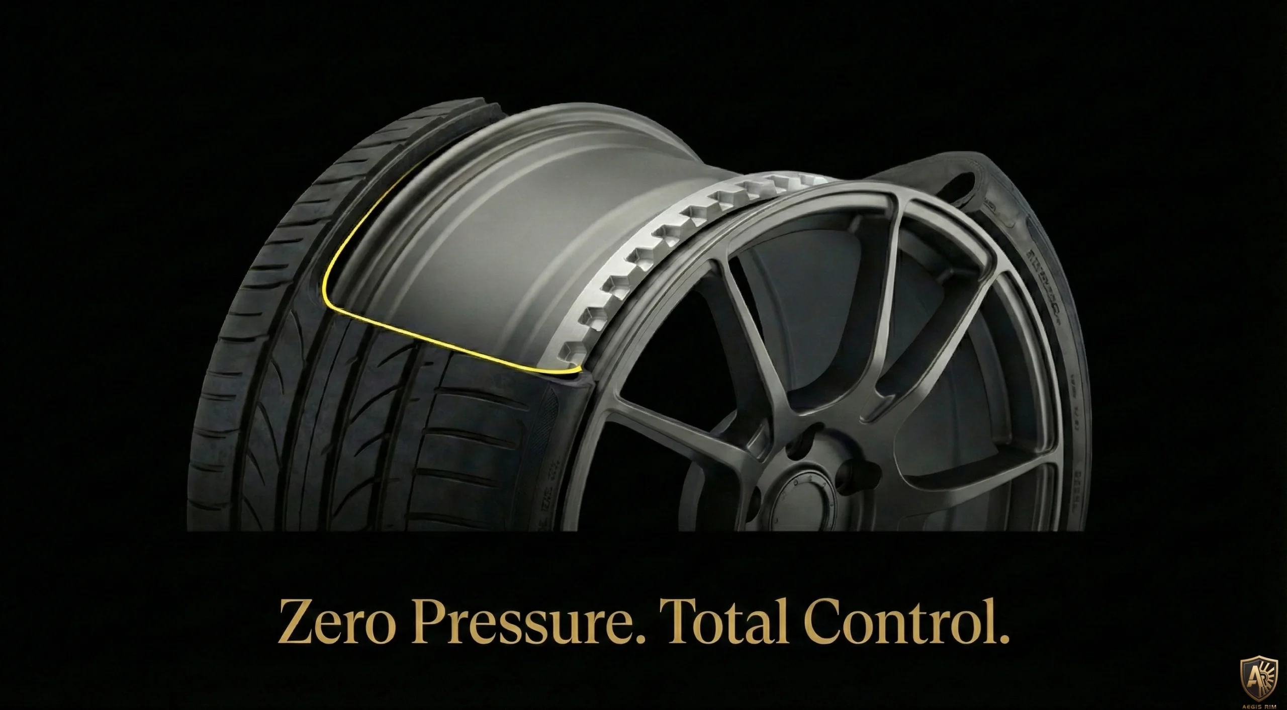 GripSafe Technology cross-section diagram showing mechanical bead-lock system maintaining tire grip at zero pressure for complete vehicle control