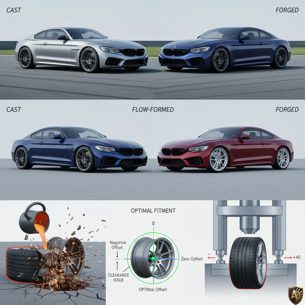 Comparison of cast, flow-formed, and forged wheels on sporty cars with fitment and offset explanations.