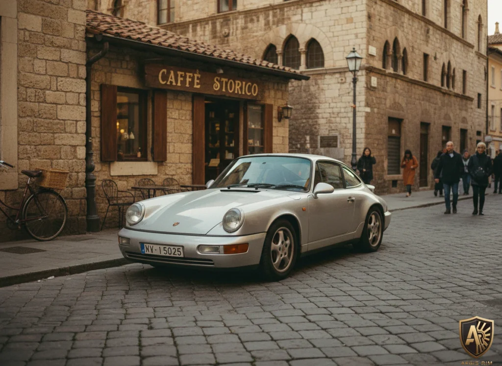 Silver classic car parked on cobblestone street outside Caffè Storico.