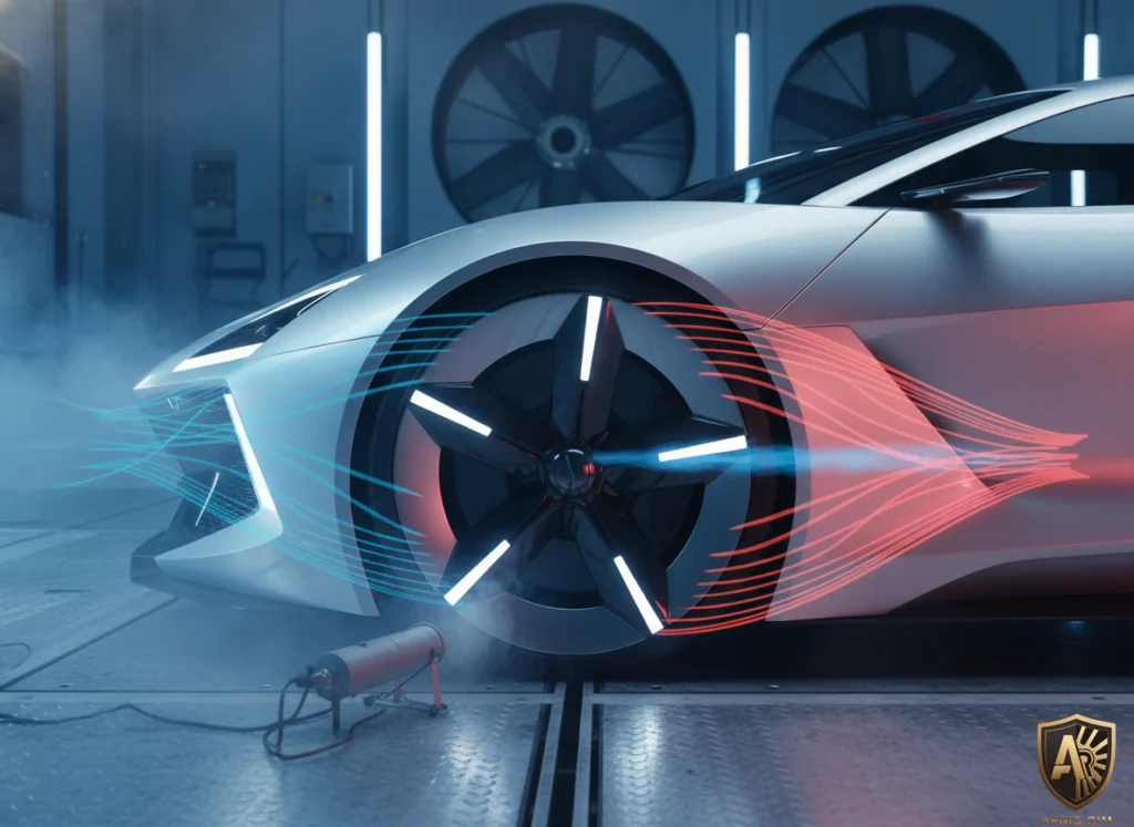 Sleek sports car in wind tunnel testing, showcasing aerodynamic efficiency with colored airflow patterns.