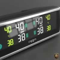 Digital pressure and temperature gauge displaying PSI and Celsius readings, showcasing ORO brand design.
