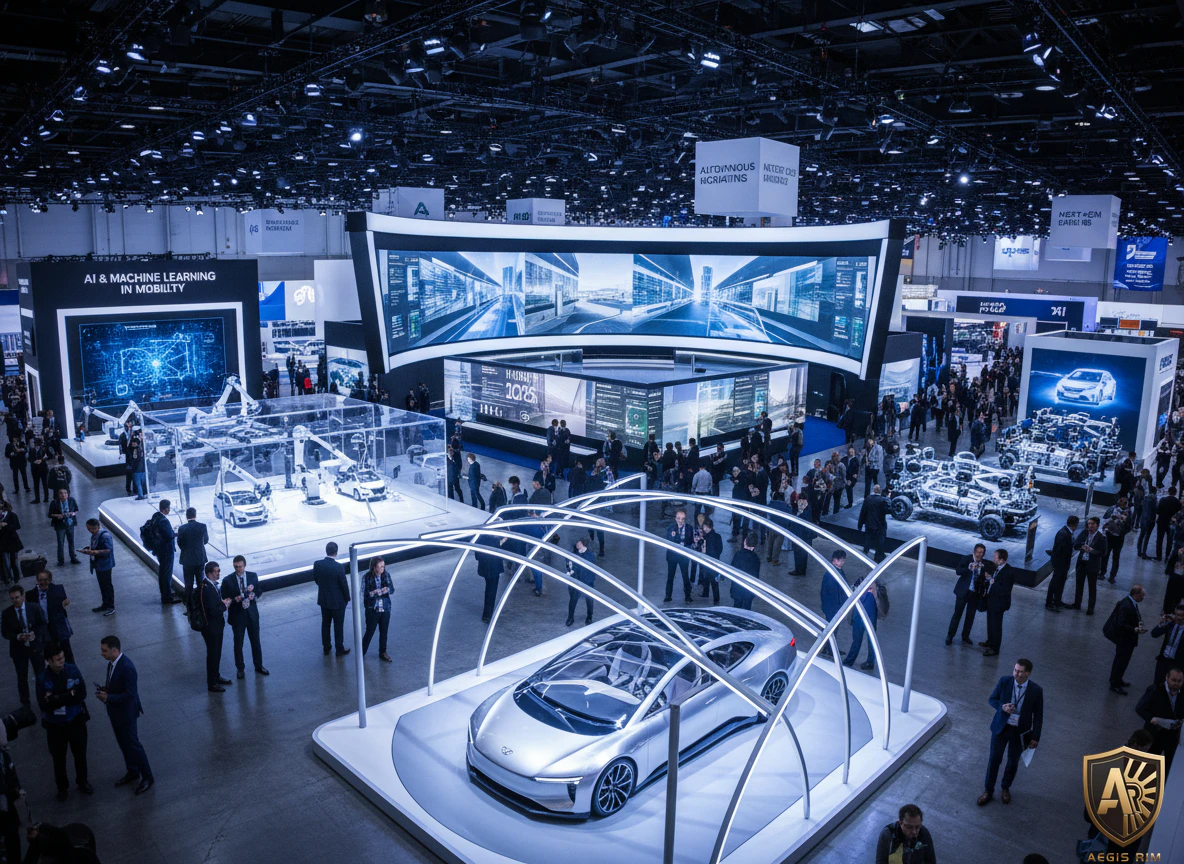 CES 2026 automotive technology expo floor showing AI demonstrations, autonomous vehicle displays, and futuristic car cockpits