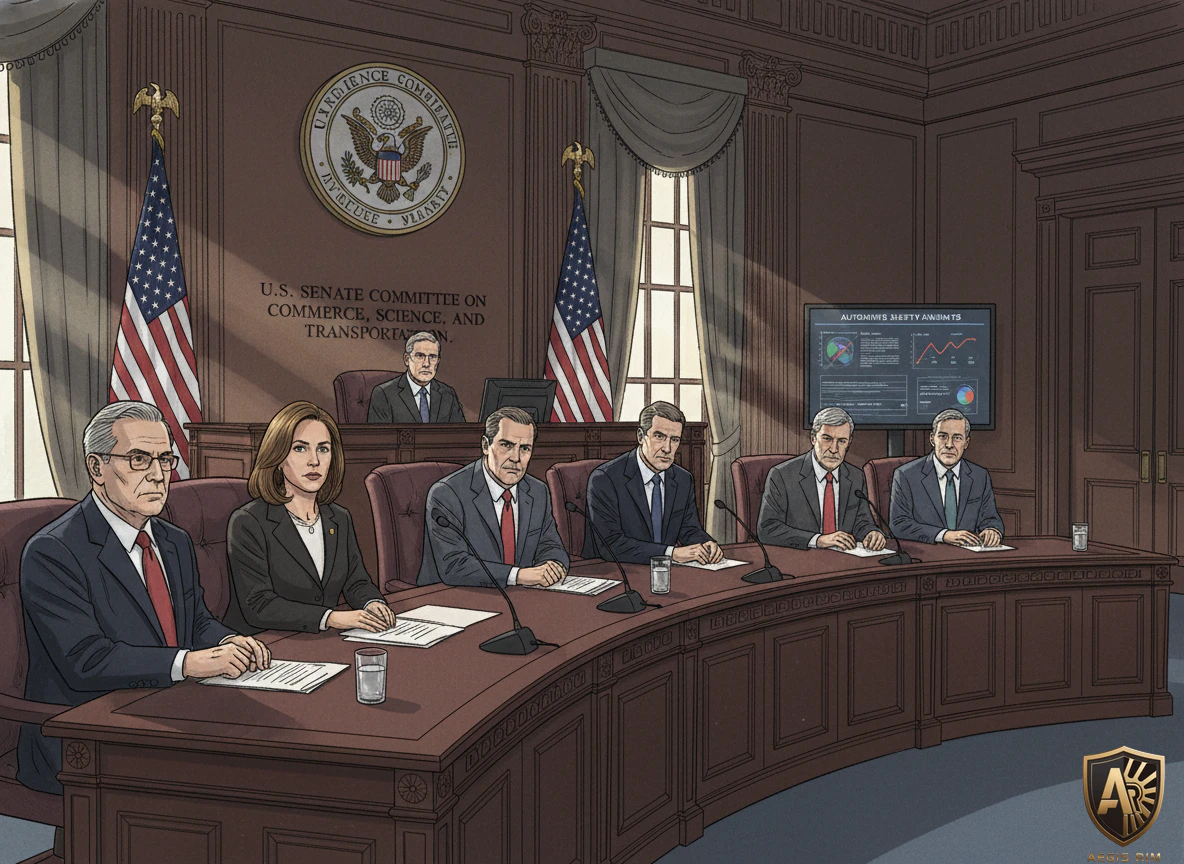 Congressional hearing illustration showing lawmakers discussing automotive safety with technology industry representatives