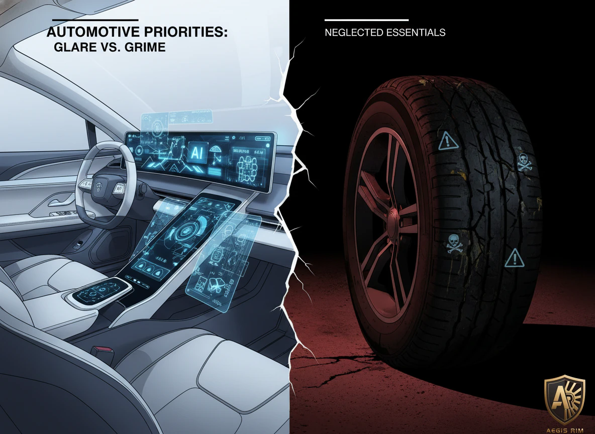 Split image showing futuristic car technology on left versus neglected tire safety on right illustrating automotive industry priorities