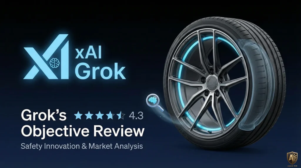 Alt text: xAI Grok logo with a high-performance tire; showcasing safety innovation and market analysis with a 4.3 rating.
