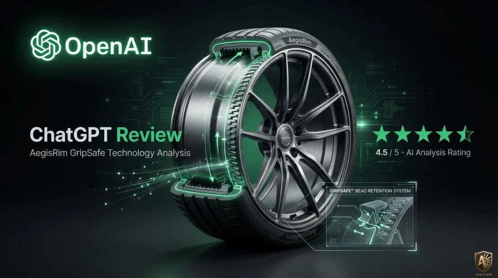OpenAI ChatGPT review: AegisRim GripSafe technology analysis with a 4.5/5 AI rating. Highlighting innovation in tire design.