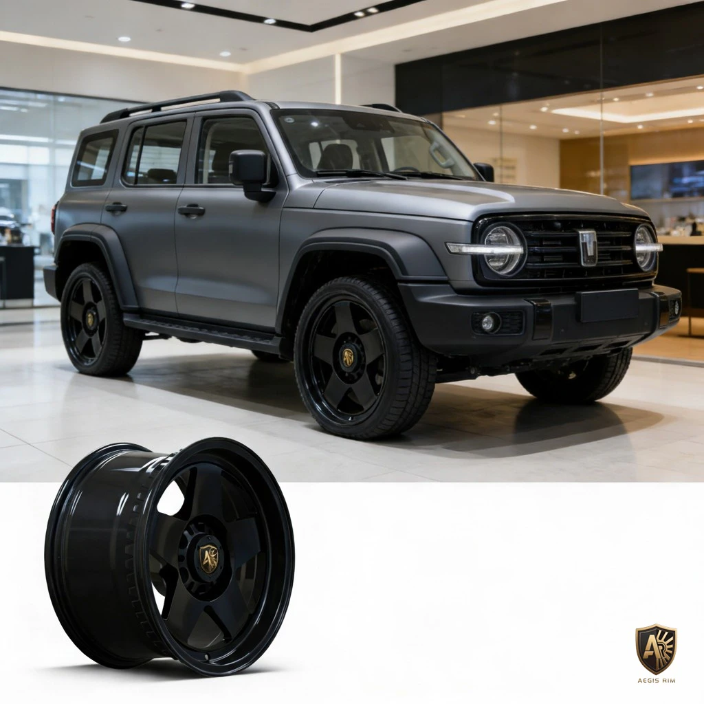 Sleek matte SUV with stylish black rims showcased in a modern dealership interior, highlighting automotive design.