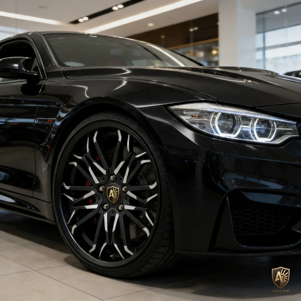 Sleek black sports car showcasing stylish alloy wheels in a modern showroom setting. Perfect for automotive enthusiasts.