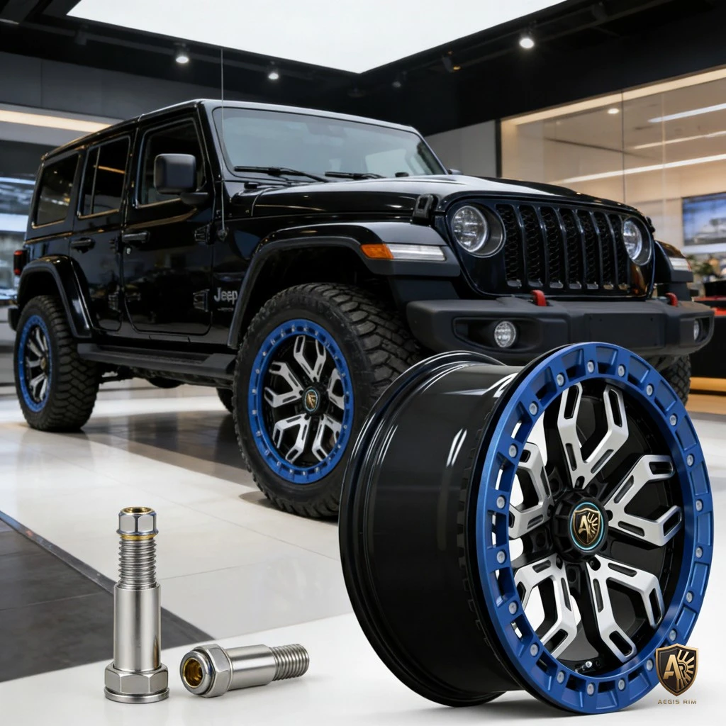Black Jeep Wrangler with blue and silver rims, showcasing custom wheel design and tire accessories in a showroom setting.