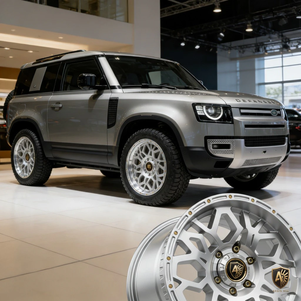 Silver SUV with distinctive wheels showcased in a modern showroom, highlighting automotive design and craftsmanship.