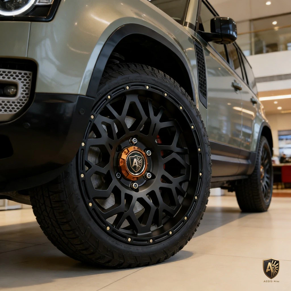 Close-up of a stylish vehicle wheel showcasing a black and orange design, set in a modern car showroom.