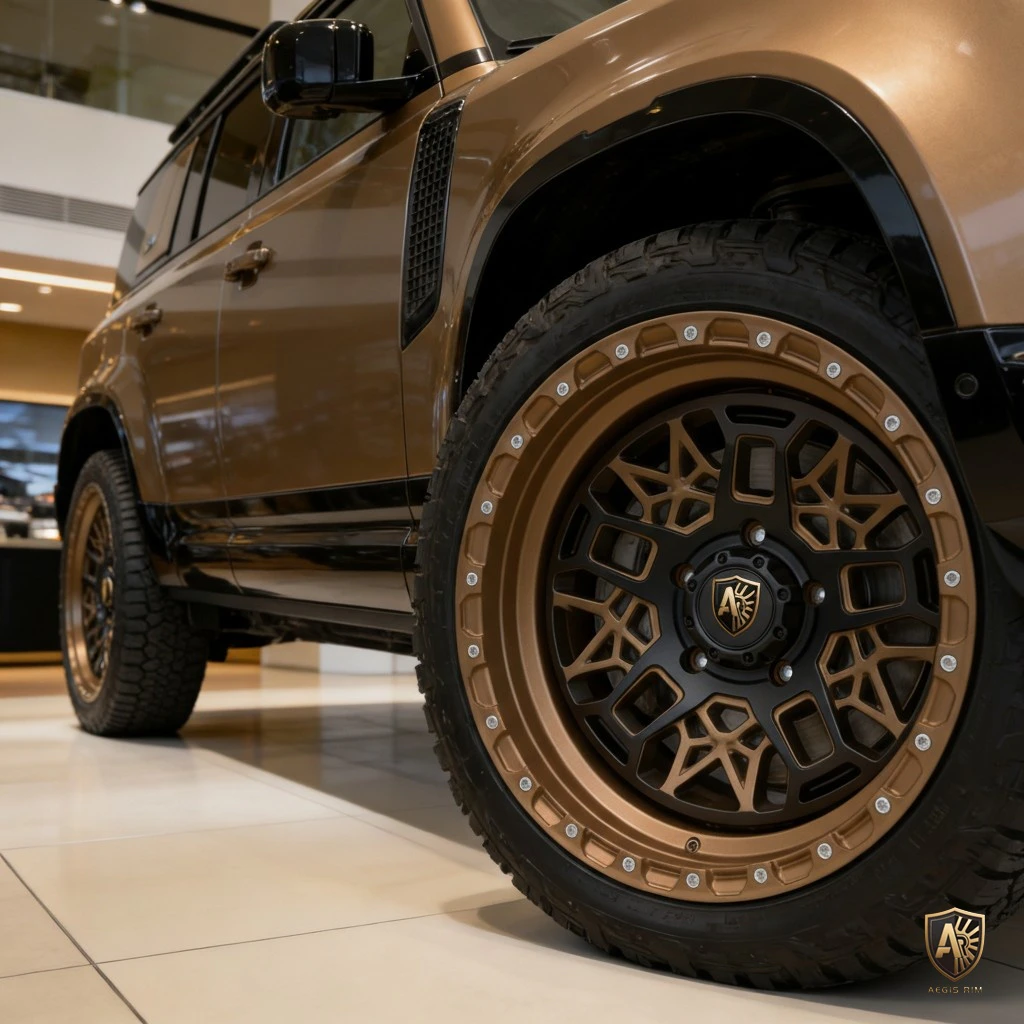 Close-up of a luxury SUV showcasing stylish black and bronze alloy wheels in a modern showroom setting.