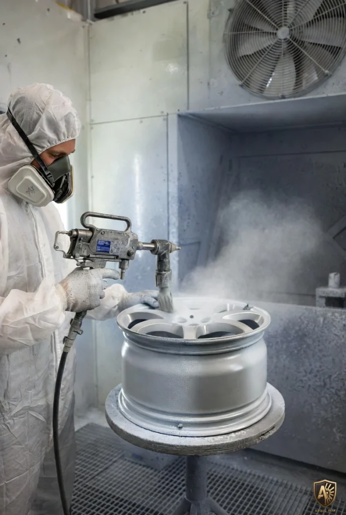 The core process is presented as "dry, free-flowing powder electrostatically applied to the wheel surface," emphasizing single-layer coating, high efficiency, and minimal waste.
