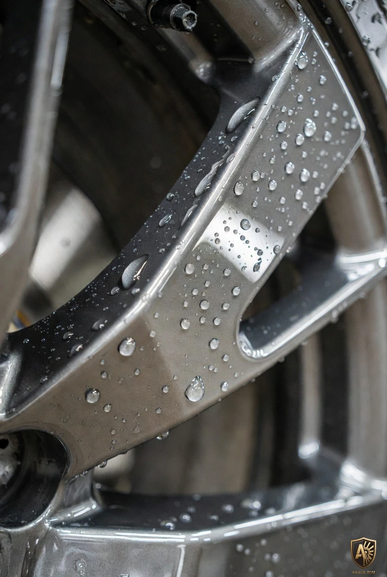 Hydrophobic ceramic coating concept repelling water and dirt from wheel surface