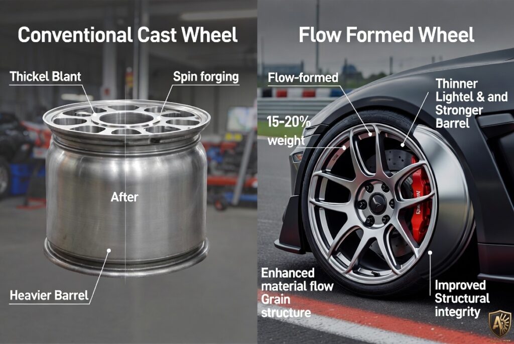 Comparison of conventional cast wheels and flow-formed wheels highlighting structural and weight advantages.