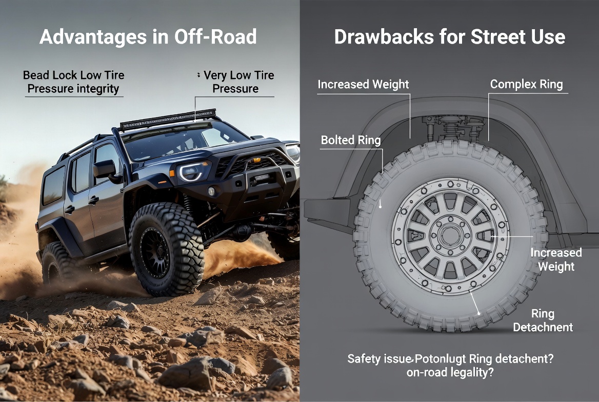 AI-generated illustration of a traditional bead lock wheel using an external bolted ring to clamp the tire bead against the outer lip