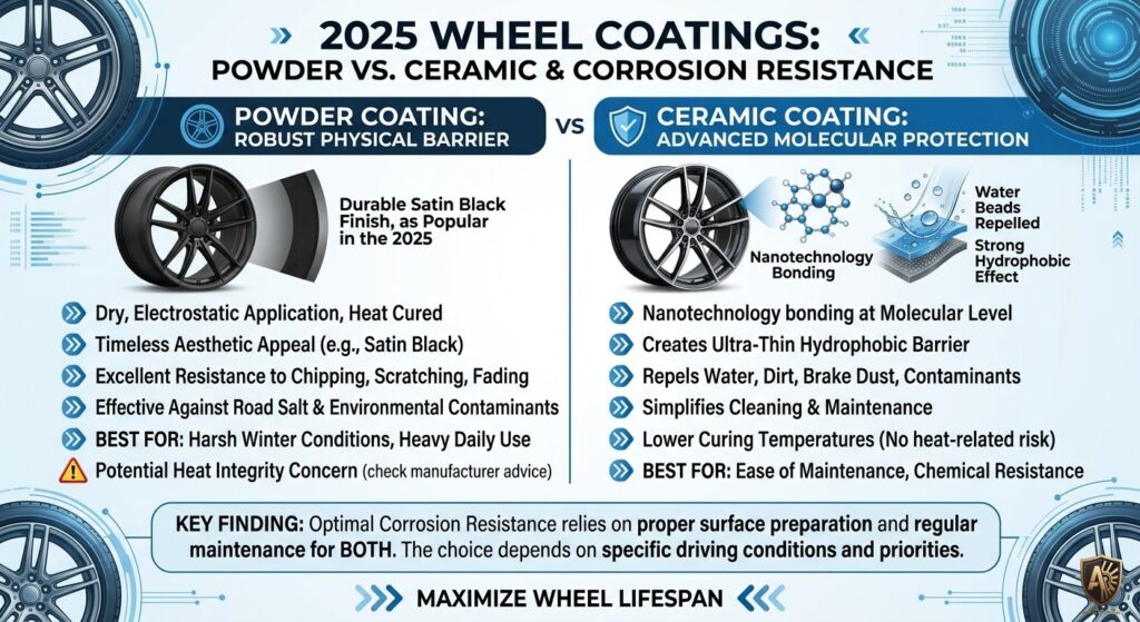 Alt text: Infographic comparing powder and ceramic wheel coatings for corrosion resistance and maintenance in 2025.