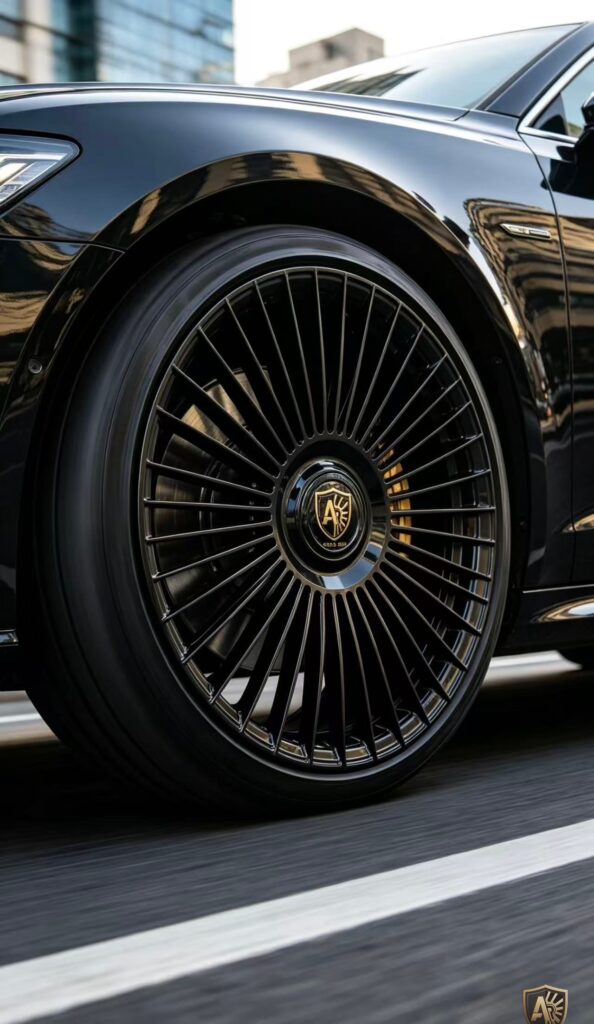 Close-up of a stylish black car wheel with intricate spokes and a gleaming logo, showcasing luxury automotive design.